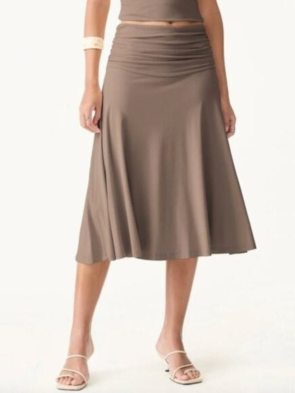 NWT OGL Flowy Side Ruched A-line Midi Skirt Iced Mocha Eco-SkinKiss M